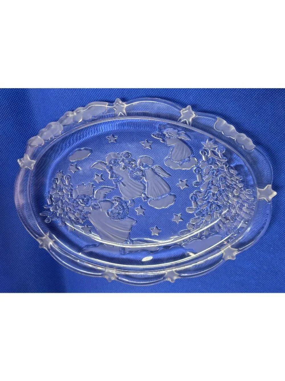 Vintage Frosted Glass Christmas Angel Serving Tray Platter Stars Tree 9